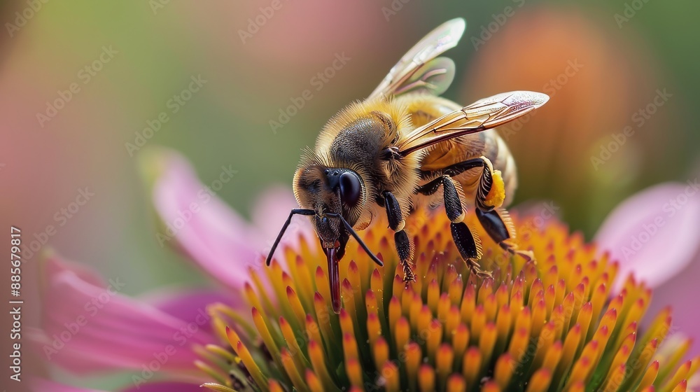 Poster a macro shot of a bee collecting pollen from a flower, emphasizing the importance of pollinators.