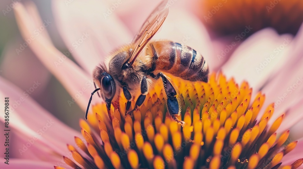 Poster a macro shot of a bee collecting pollen from a flower, emphasizing the importance of pollinators.