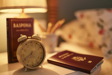 Naklejka premium Traveler's Essentials: Alarm Clock, Passport, and Guide on Cozy Hotel Bedside Table