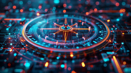 Futuristic digital compass, navigation interface, cyber network system