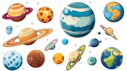 Whimsical Sticker Design of Solar System with Planets for Shirts and Apparel