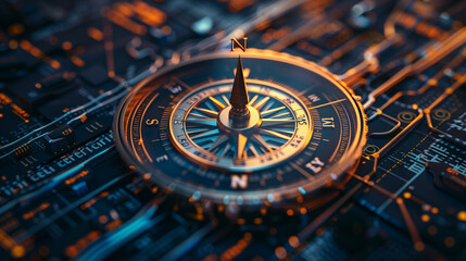 Naklejka premium Futuristic digital compass, navigation interface, cyber network system