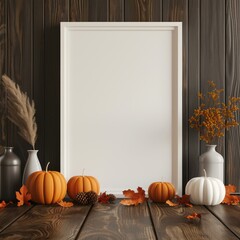 This image features a white picture frame set against a wooden backdrop, adorned with pumpkins, leaves, pinecones, and seasonal decorations, creating a picturesque fall display perfect for autumn cel