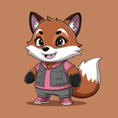Cartoon fox, body skin brown mix violet he cloth color gray mix pink