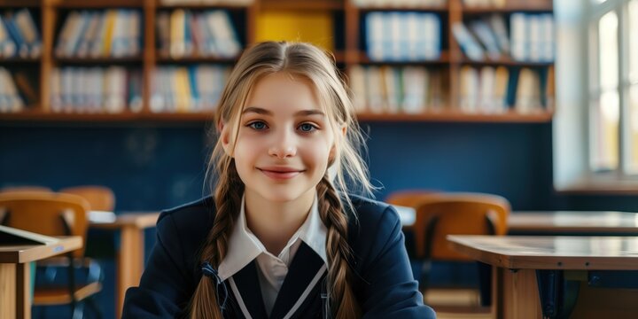 Teen girl in blue school uniform sits at desk in classroom with bookshelves. Smiles facing camera in educational setting. Back to school theme for young students.