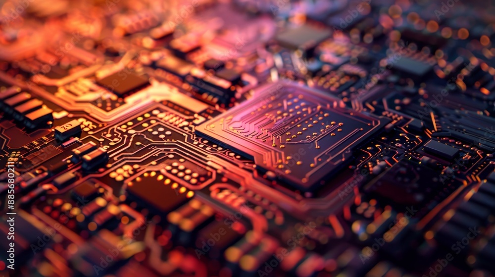 Poster close-up view of a microchip with intricate circuitry in vibrant colors during nighttime illuminatio