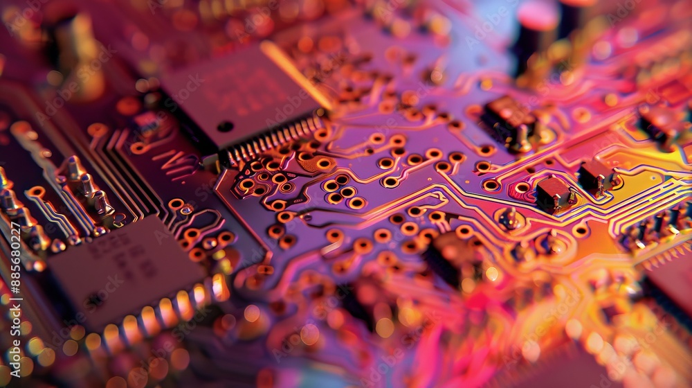 Poster close-up view of a colorful circuit board showcasing intricate electronic components and connections