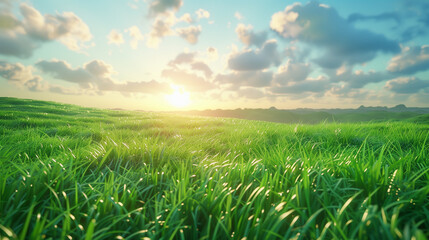 Obraz premium Green meadow with sun shining through puffy clouds, summer landscape