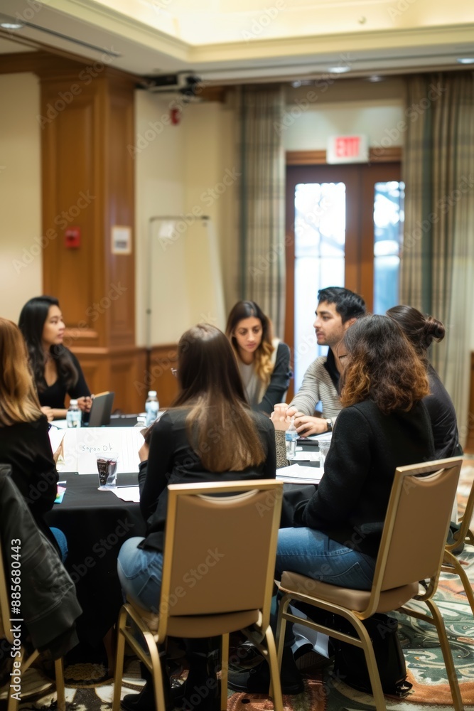 Poster corporate training event with breakout sessions for group discussions in a professional setting