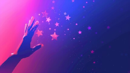 Hand reaching for stars in pink blue gradient. A hand reaches up towards a blue and pink gradient sky filled with stars.