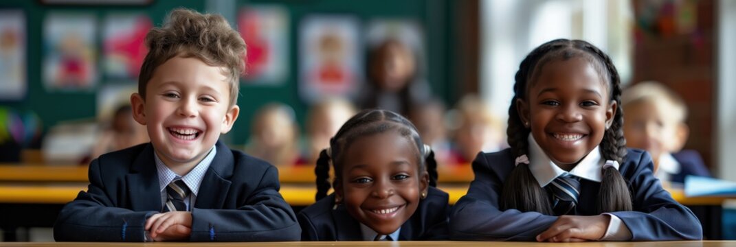 Three diverse children sit at desk in classroom setting. African American and Caucasian seven-year-old boy and girl pupils wear classy school uniforms with different hairstyles. They smile at camera. - Powered by Adobe