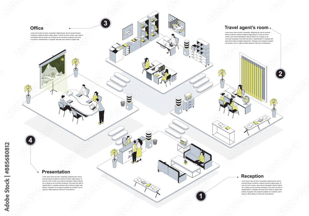 Poster Travel agency 3d isometric concept in outline design for web. People working in isometry rooms at reception hall, travelling agents selecting resort tours for clients in office. Vector illustration.