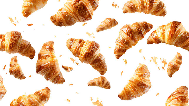 Croissants that fresh and delicious falling in the air isolated on withe background, Breakfast time, popular plain croissant breads, png file