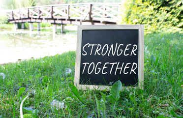 Stronger together symbol. Concept word Stronger together on black chalk background. Beautiful meadow background with bridge. Business and Stronger together concept. Copy space