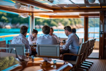 Business Meeting on Luxury Yacht during Corporate Trip in Serene Coastal Setting