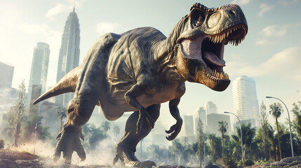 Obraz premium The Tyrannosaurus rex dinosaurs. It was a large carnivorous dinosaur that lived during the late Cretaceous period. T-Rex dinosaurs rampaging through a city