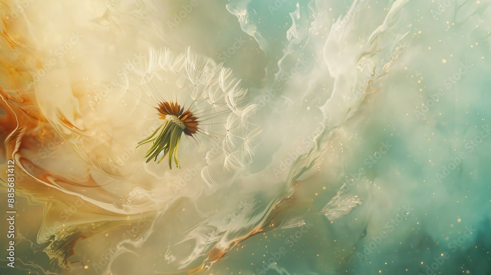 Poster dandelion seeds abstract art. artistic abstract image of a dandelion seed head in a swirling, ethere