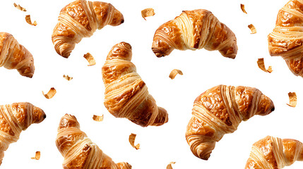 Croissants that fresh and delicious falling in the air isolated on withe background, Breakfast time, popular plain croissant breads, png file