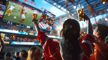 Energetic Football Fan Zone Celebration with Beer, Team Colors, and Live Match on Big Screens