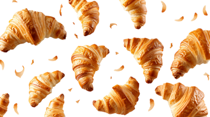 Croissants that fresh and delicious falling in the air isolated on withe background, Breakfast time, popular plain croissant breads, png file