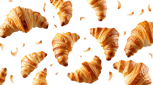 Croissants that fresh and delicious falling in the air isolated on withe background, Breakfast time, popular plain croissant breads, png file
