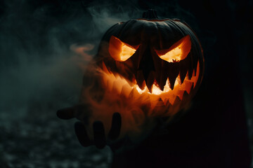 Fototapeta premium Spooky halloween evil lantern, jack-o-lantern glowing decoration