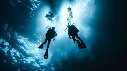 Two people with diving equipment swimming under sea water with bubbles. Scuba diver swimming in the under water sea