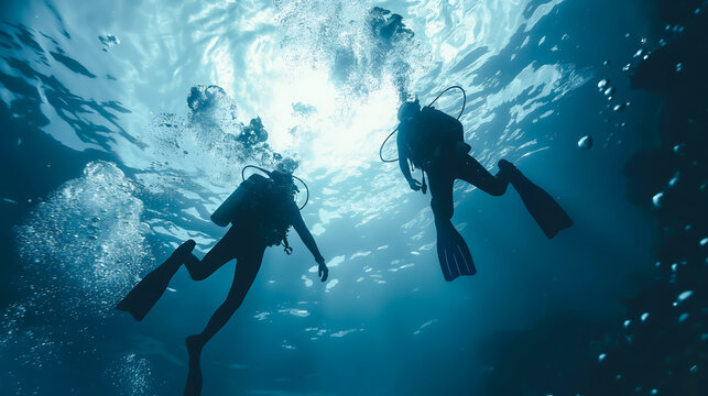 Two people with diving equipment swimming under sea water with bubbles. Scuba diver swimming in the under water sea