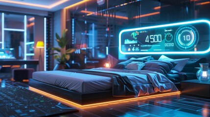 Futuristic Smart Bedroom with Holographic Digital Alarm Clock and Modern High-Tech Features