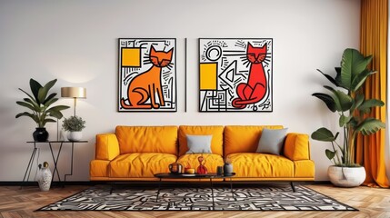A Living Room With a Yellow Couch and Two Paintings on the Wall