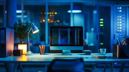 Naklejka premium A computer desk with office supplies and a monitor, A server room in the background