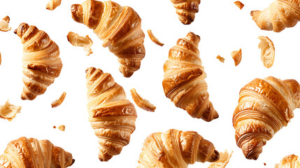 Croissants that fresh and delicious falling in the air isolated on withe background, Breakfast time, popular plain croissant breads, png file