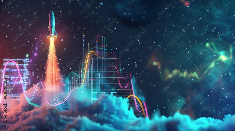 Aufkleber rocket launch with data growth chart. abstract illustration of a rocket launching into the night sky