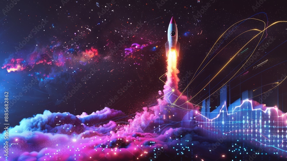 Poster rocket launch cosmic background. spacecraft launch into a cosmic background of stars and nebulae.