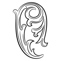 Vintage floral decorative element. Medieval or baroque motif. Stylized curved shape leaf. Black and white linear silhouette.