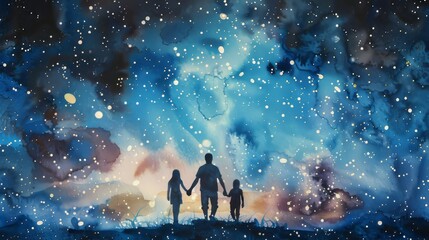 Fototapeta premium Family silhouettes under starry night sky. Watercolor painting of a family standing beneath a vast, starry night sky.