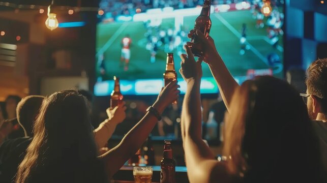 Friends Cheer with Beers at a Bar While Watching a Football Match on a Big Screen