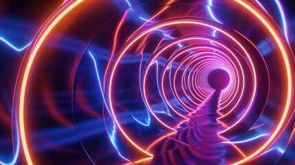 Obraz premium A vibrant neon wave illustration depicting multiple circular paths with glowing, intersecting lines that form a dynamic background.