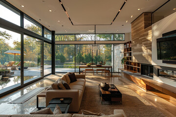 House with large windows and minimal style in interior design, view from the inside. Modern house