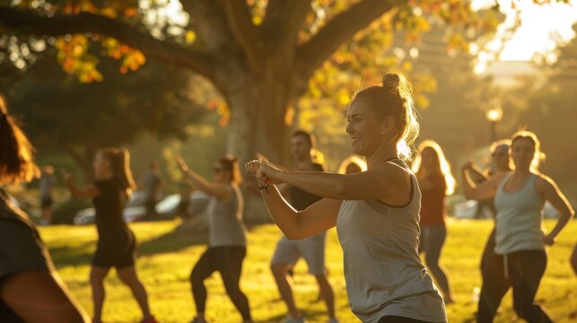Outdoor Exercise Class for Diabetes Prevention with Fitness Instructor in Sunny Park Setting