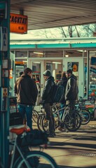 Obraz premium Group of Friends Discussing Alternative Transportation at Gas Station with No Fuel, Daytime Setting