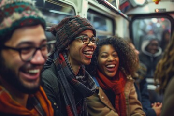 Obraz premium Happy Friends Enjoying a Subway Ride Together, Engaging in Lively Conversation, Urban Commute Adventure