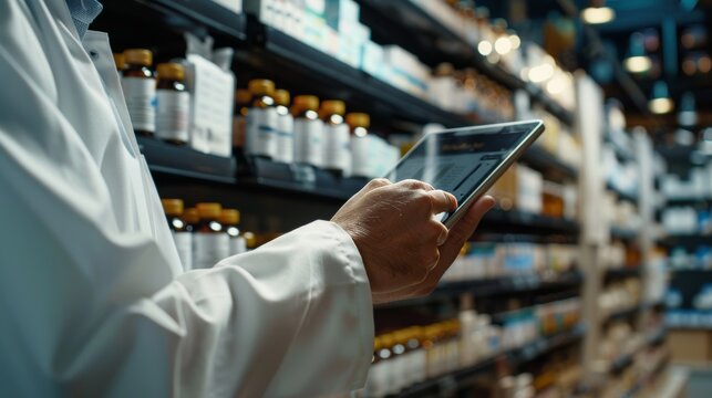 Pharmacist using a tablet computer to take inventory in the pharmacy.