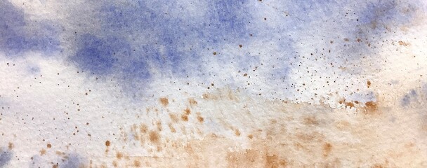 hand painted watercolor turquoise texture in blue color, abstract background for trendy design violet purple clouds