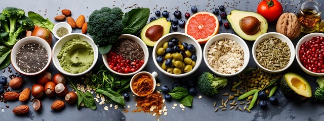 A variety of fresh, vibrant fruits and vegetables including avocados, blueberries, red grapes, broccoli, bell peppers, spinach leaves, eggs, nuts such as walnuts or hazelnuts, and dried items