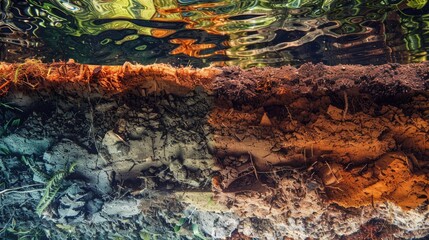 A visually striking abstract collage of natural textures, including rich soil, crystal-clear waters, and dense jungle foliage, creating a dynamic and colorful background.