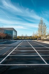 Empty Parking Lot with Freshly Painted Lines Near Modern Office Building on a Sunny Day