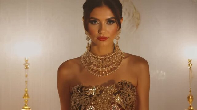 A model adorned with exquisite jewelry, standing confidently against a neutral backdrop.