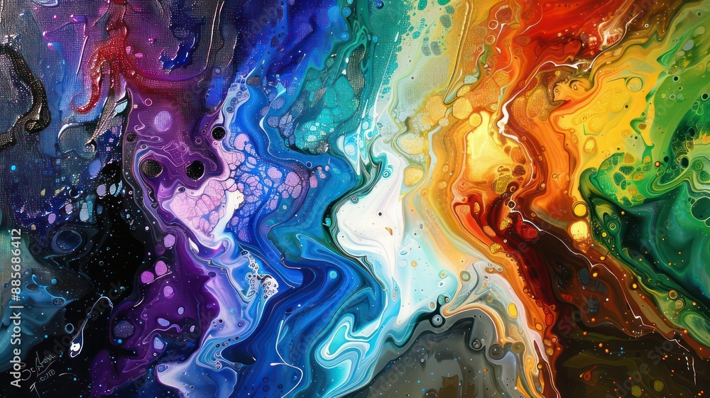 Poster colorful abstract acrylic painting with shiny forms created with generative ai