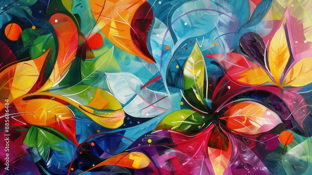 Poster colorful abstract acrylic painting with shiny forms created with generative ai